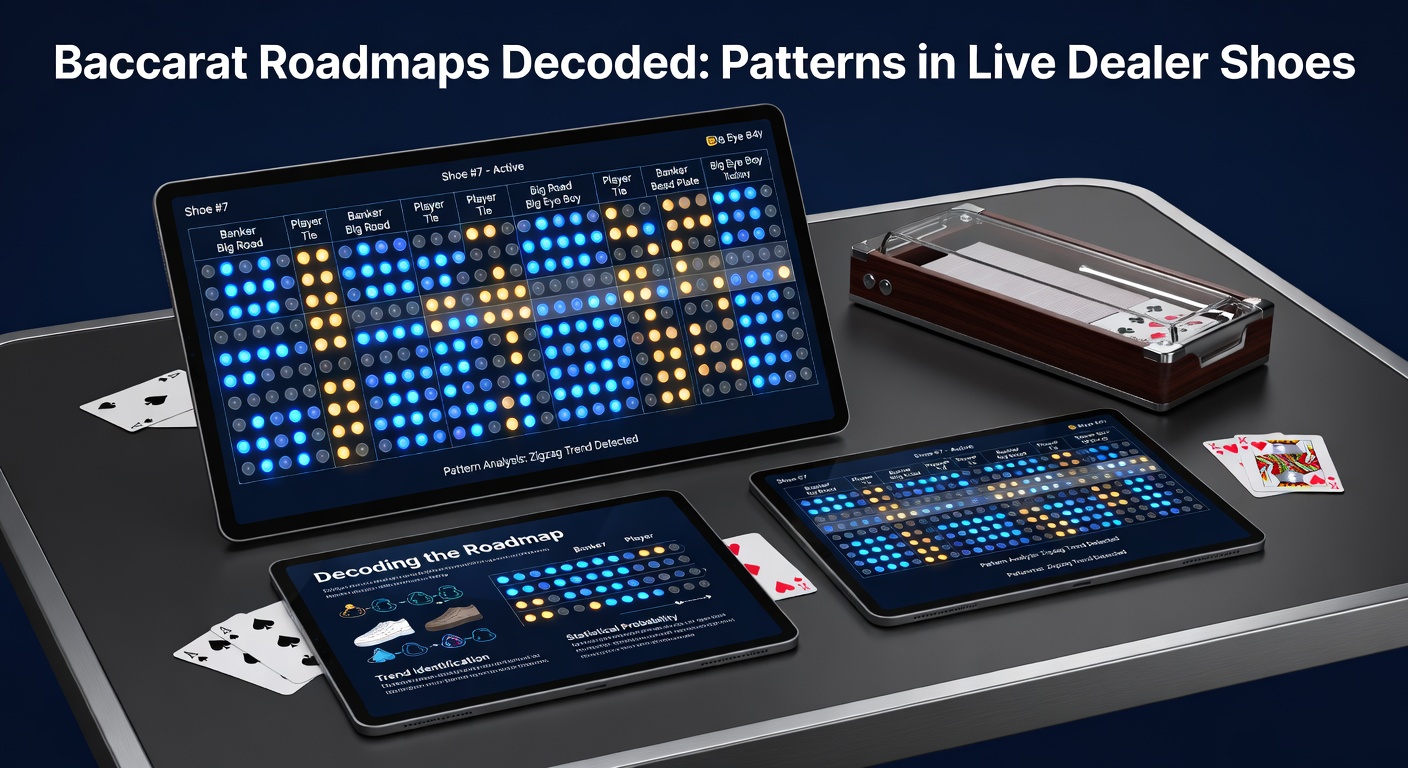 Close-up of a digital baccarat roadmap displaying colorful columns and circles tracking Banker and Player outcomes in a live dealer shoe