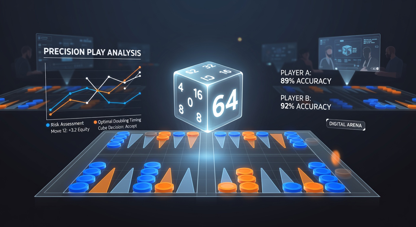 Digital backgammon board showing the doubling cube in action during an intense online match, with checkers positioned strategically on points and the cube displaying a value of 4