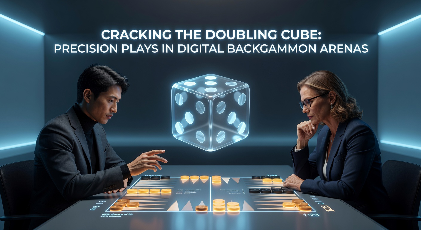 Close-up of a digital doubling cube rotated to 8, surrounded by backgammon checkers in a mid-game position with one player holding a strong home board
