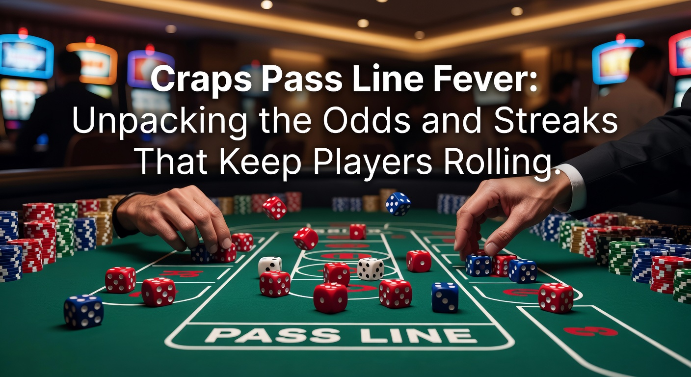 Craps table with players cheering during a hot Pass Line streak, dice mid-roll under bright casino lights
