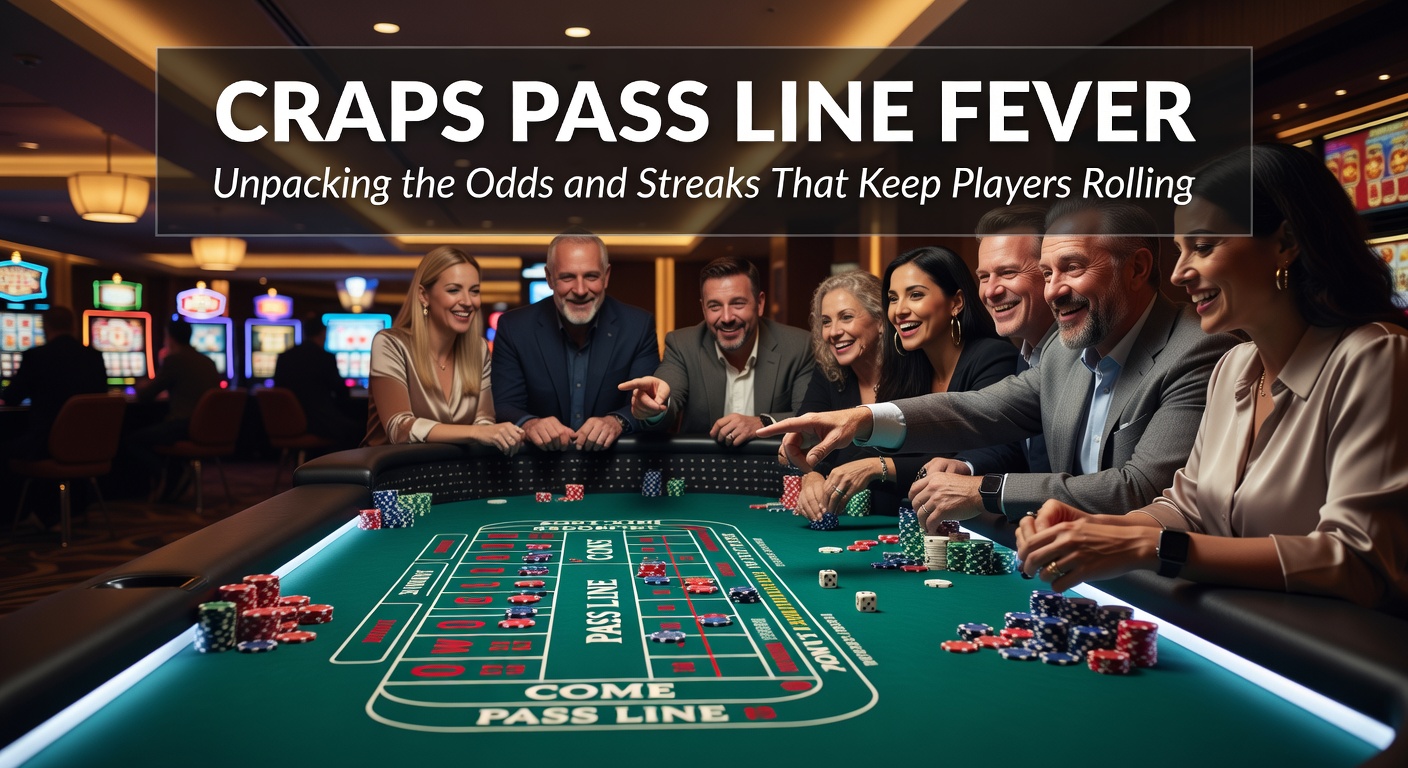 Close-up of Pass Line and odds bets stacked on craps layout, dice showing a point repeat amid chip stacks