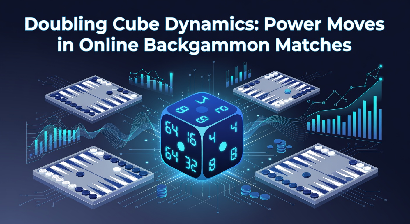 A glowing doubling cube centered on a digital backgammon board during an intense online match, stakes rising as players contemplate their next move