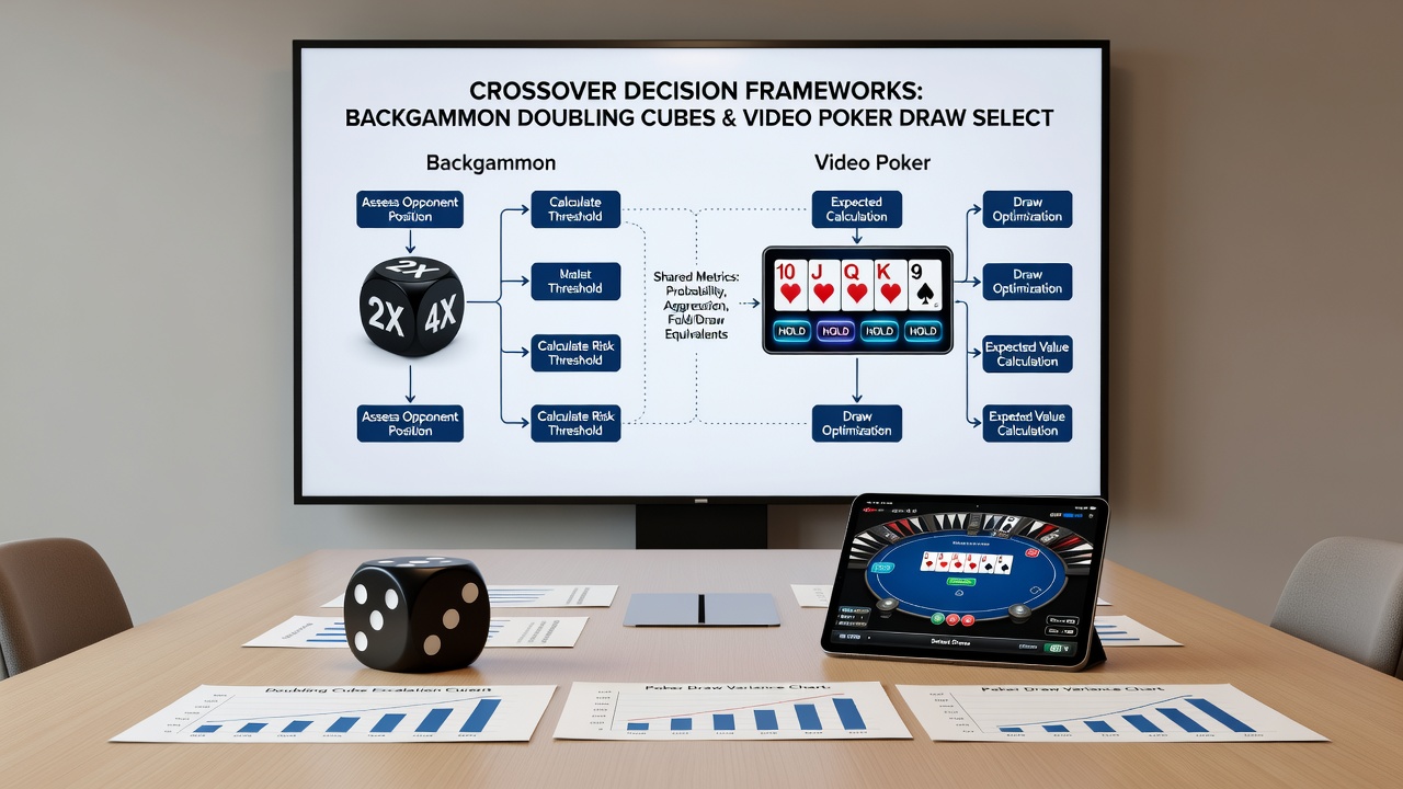 Split view comparing backgammon doubling cube usage with video poker hand evaluation screens on digital platforms
