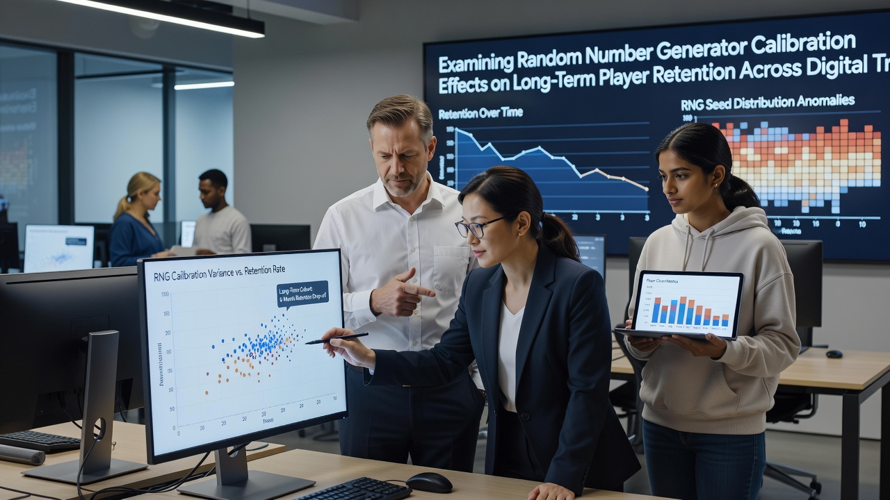 Analytics dashboard displaying retention curves and RNG calibration impact charts for table game users