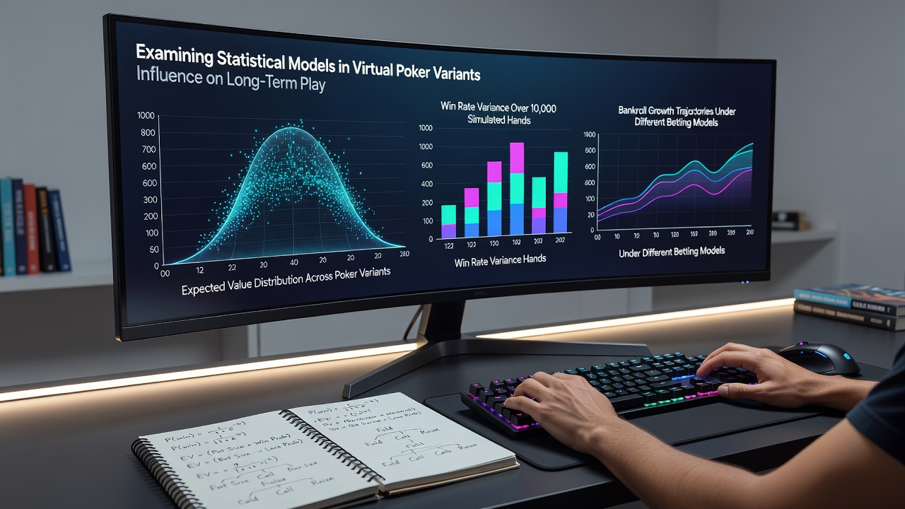 Detailed graphs illustrating expected value curves and session duration impacts across different virtual poker variants