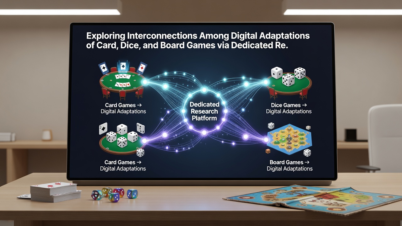 Network diagram illustrating resource sharing between digital card, dice, and board game ecosystems
