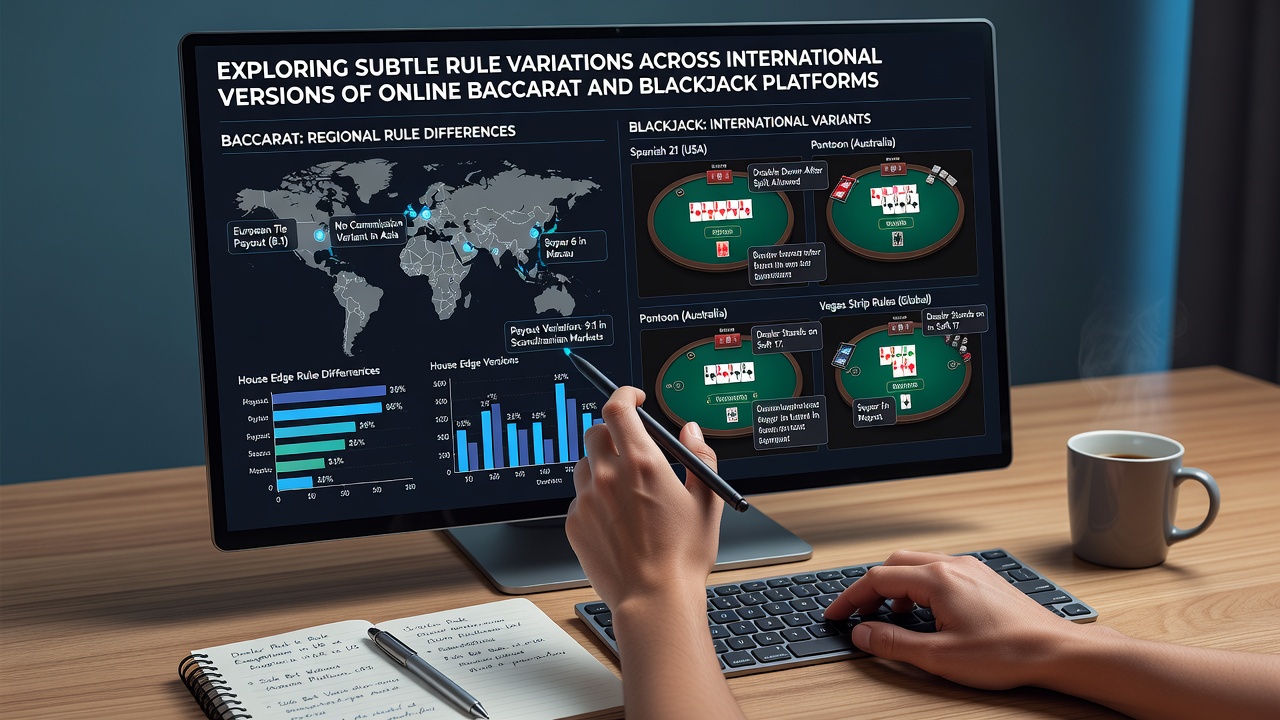 Comparison chart showing rule variations in online blackjack and baccarat across different countries