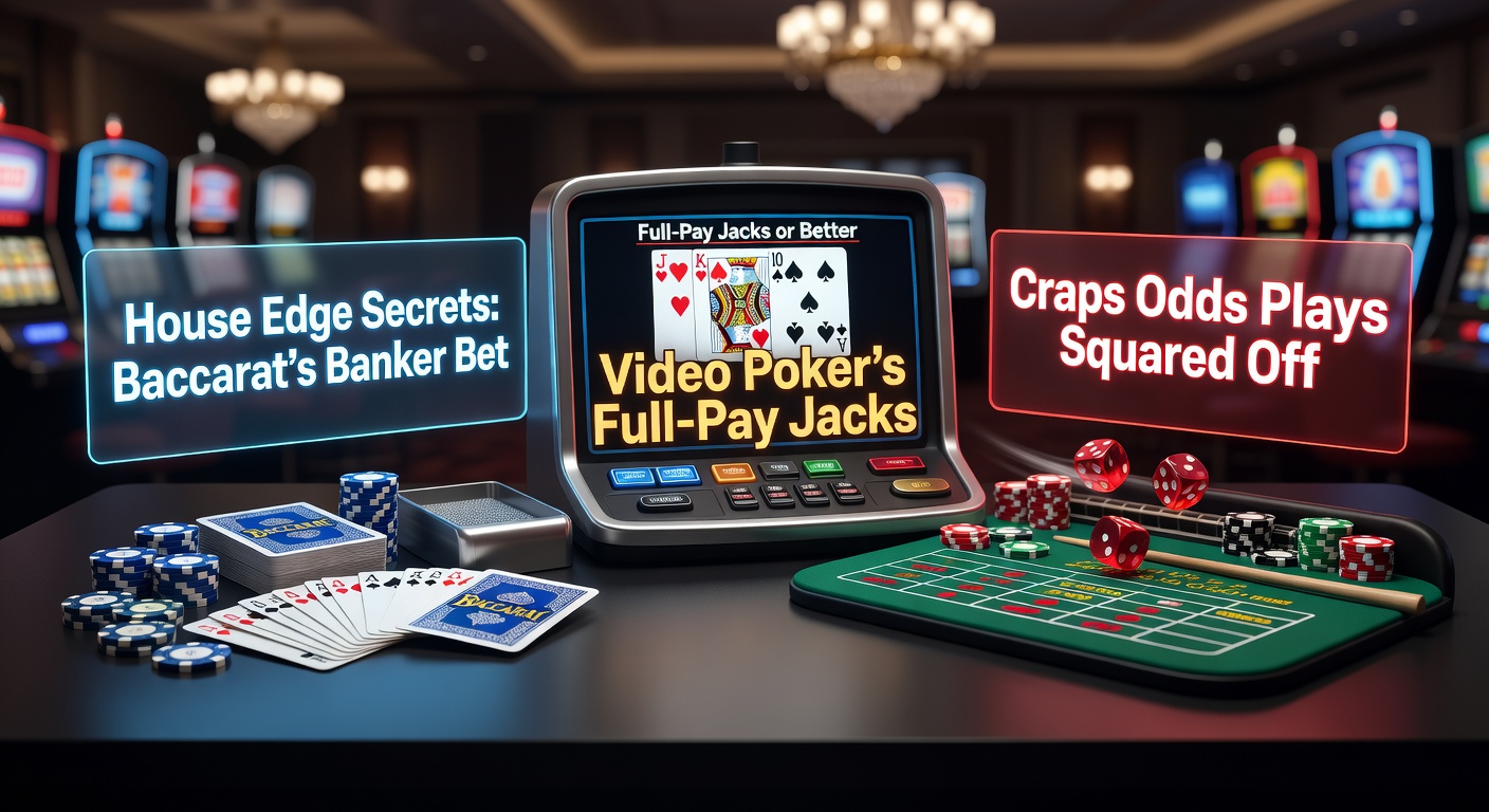 Casino table with baccarat, video poker machine, and craps layout highlighting low-edge bets