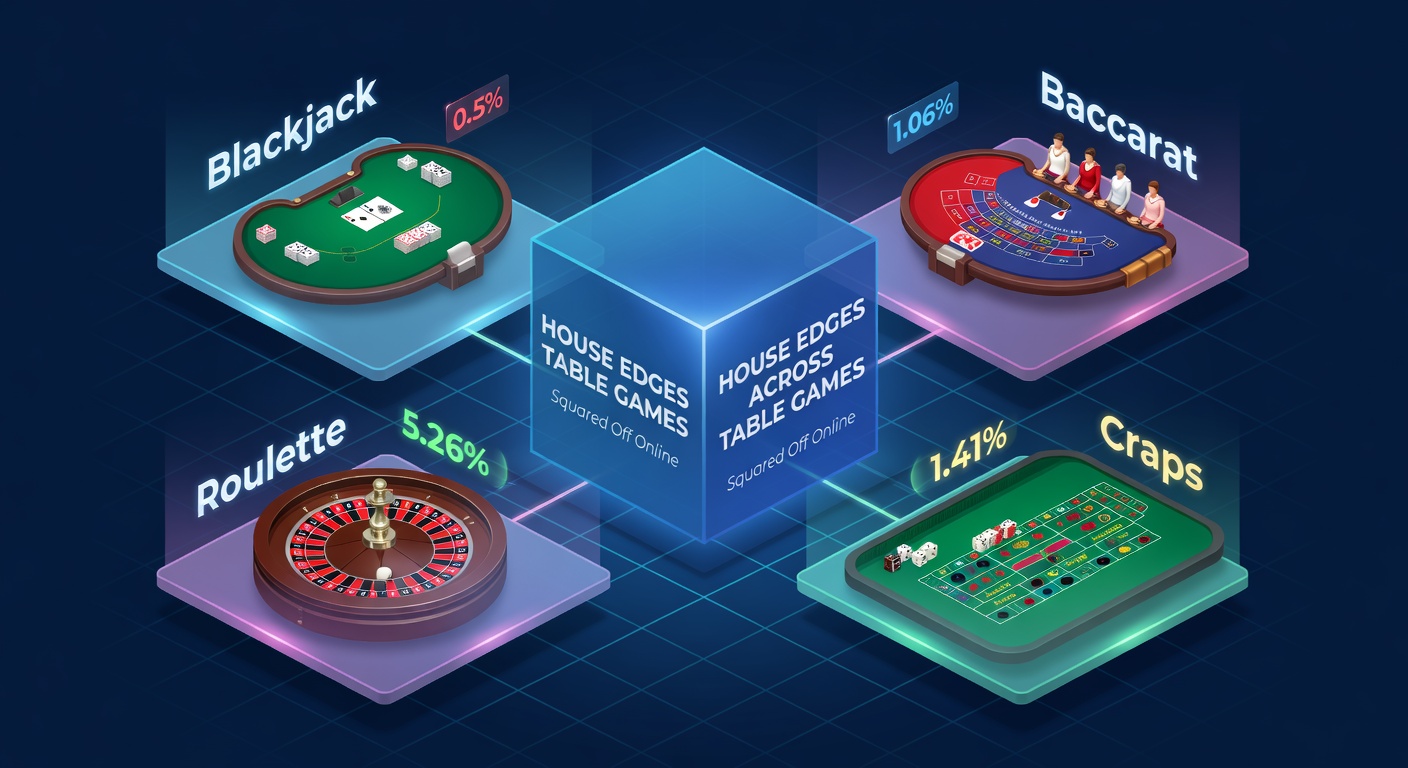 Digital table games interface showing blackjack, baccarat, roulette wheel, and craps table in an online casino setting