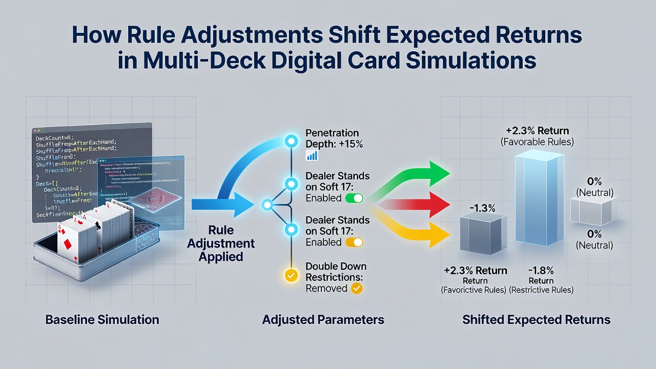Graph from a digital simulation tool illustrating expected return percentages across varying multi-deck rule sets