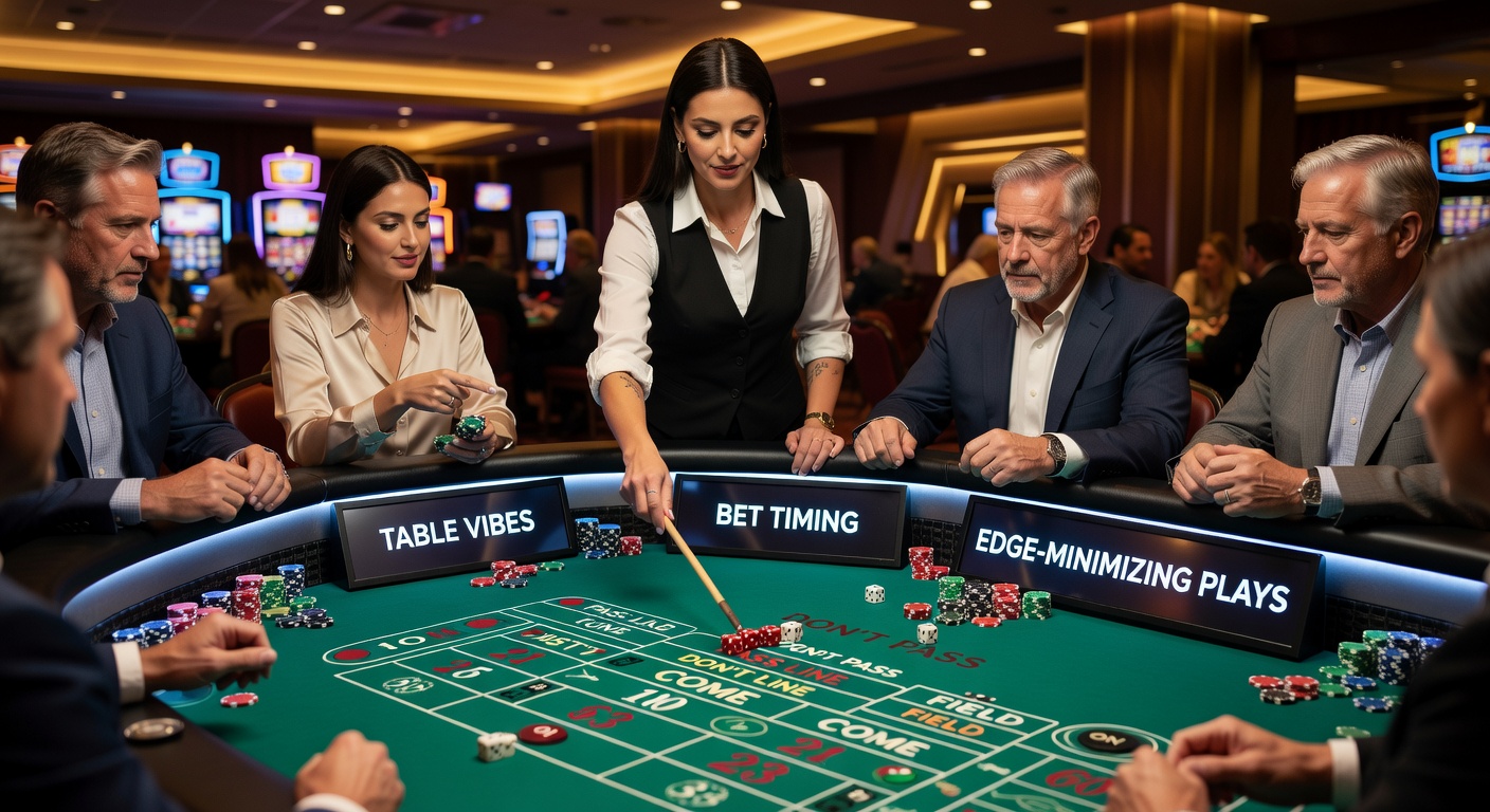 Dynamic live dealer craps table with dealer mid-roll and players engaged via chat