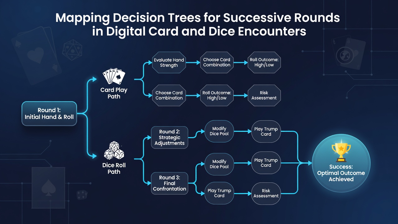 Flowchart illustrating expanded decision tree nodes for dice game rounds with probability weights