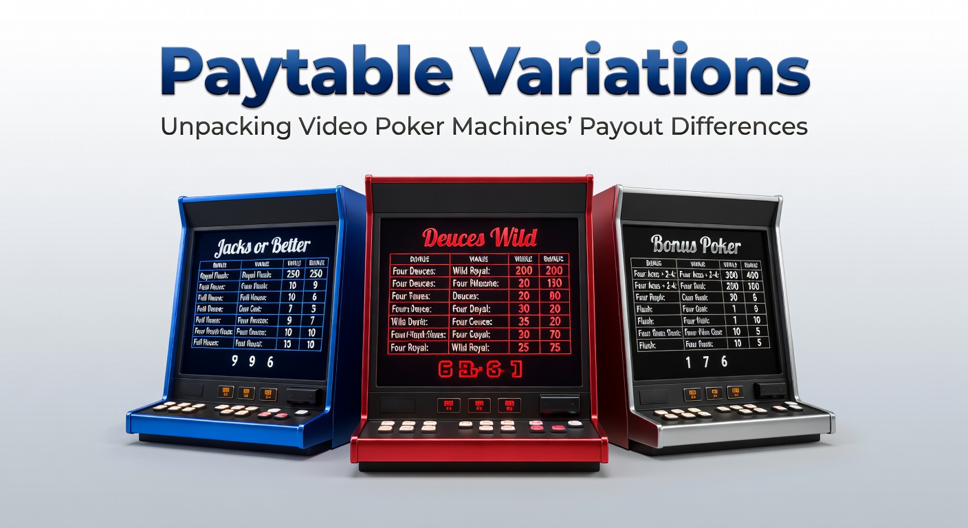 Close-up of a video poker machine screen displaying a sample paytable with payout tiers for different hands
