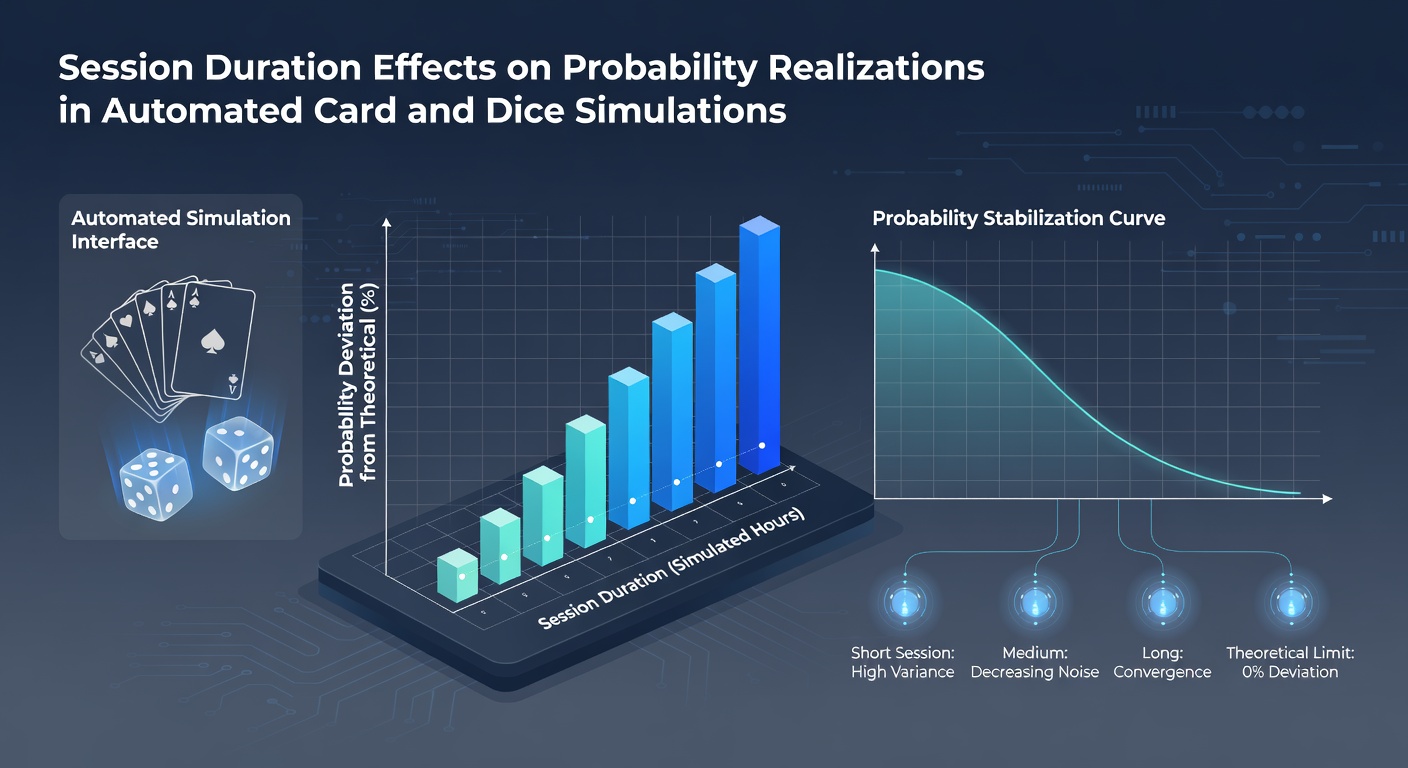 Automated card and dice simulation interface showing probability distributions over varying session lengths