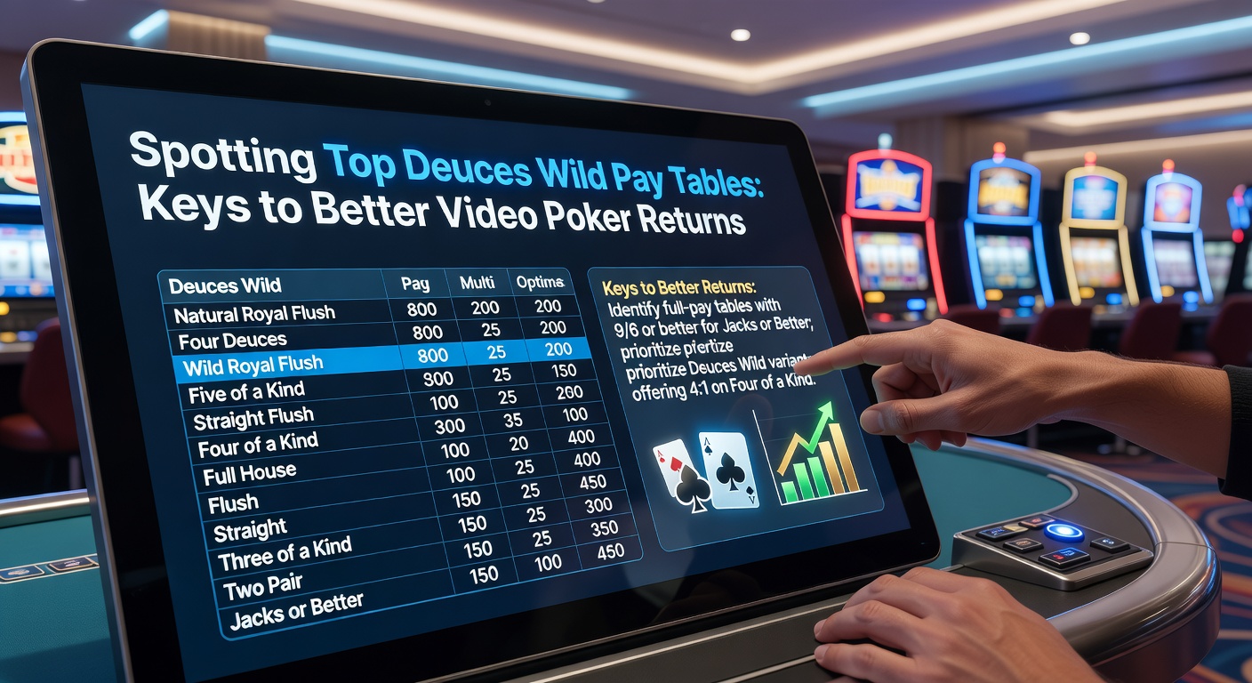 Vibrant video poker screen displaying a Deuces Wild hand with wild deuces boosting the payout, highlighting pay table details in a casino setting