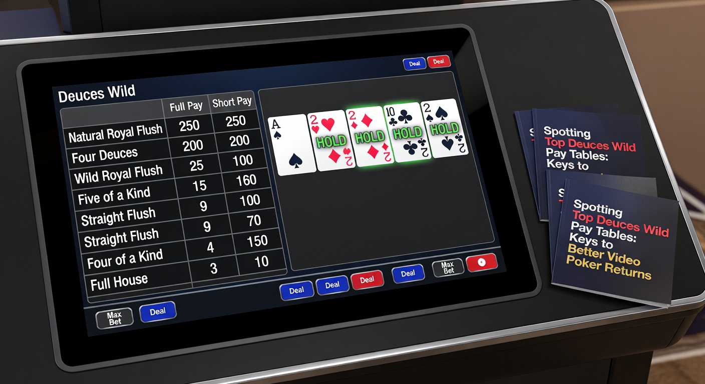 Close-up of a Deuces Wild pay table on a video poker machine, with highlighted payouts for full-pay hands like four deuces and wild royal flush, set against a bustling casino backdrop