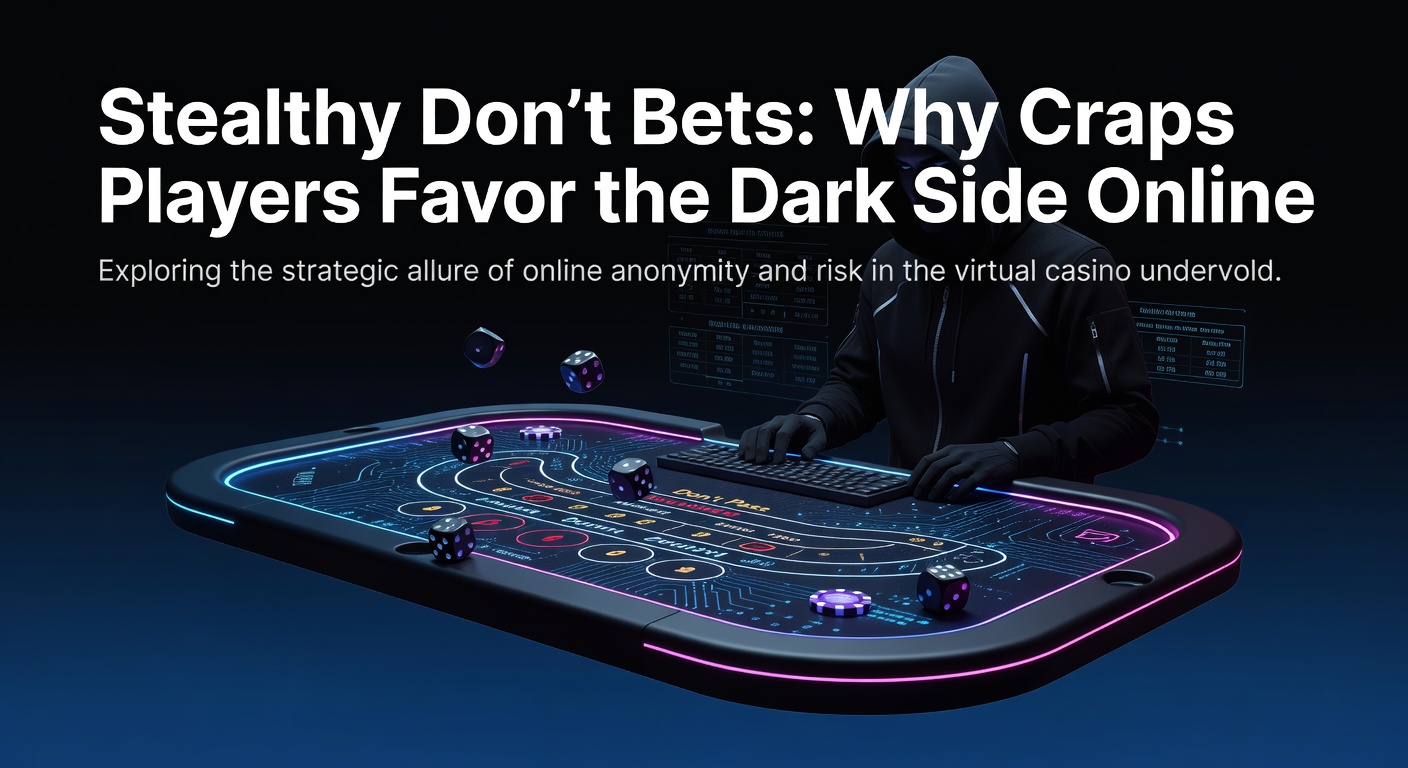 Craps table highlighting Don't Pass bet area with chips stacked subtly against the pass line, illustrating the underdog wager in a dimly lit online casino interface