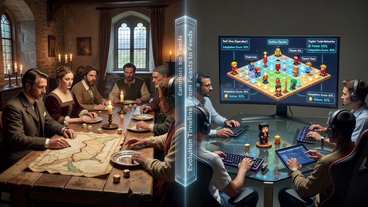 Historical European wooden table with cards and dice alongside modern digital interfaces showing multiplayer game screens