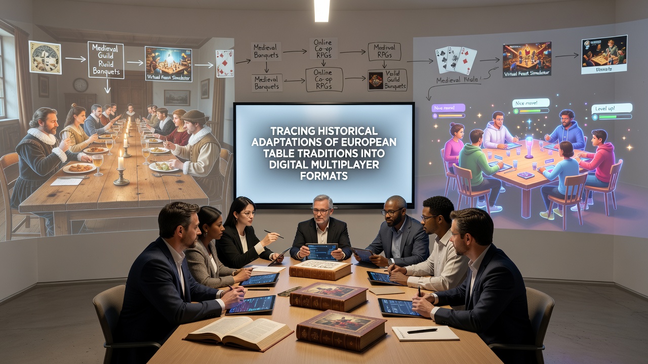 Split view showing medieval European players at a table game next to contemporary gamers using tablets and computers in a shared virtual lobby