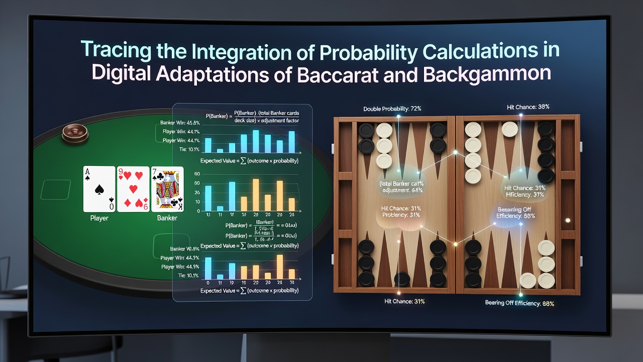 Historical timeline showing early computer interfaces for baccarat and backgammon with overlaid probability charts and dice simulations