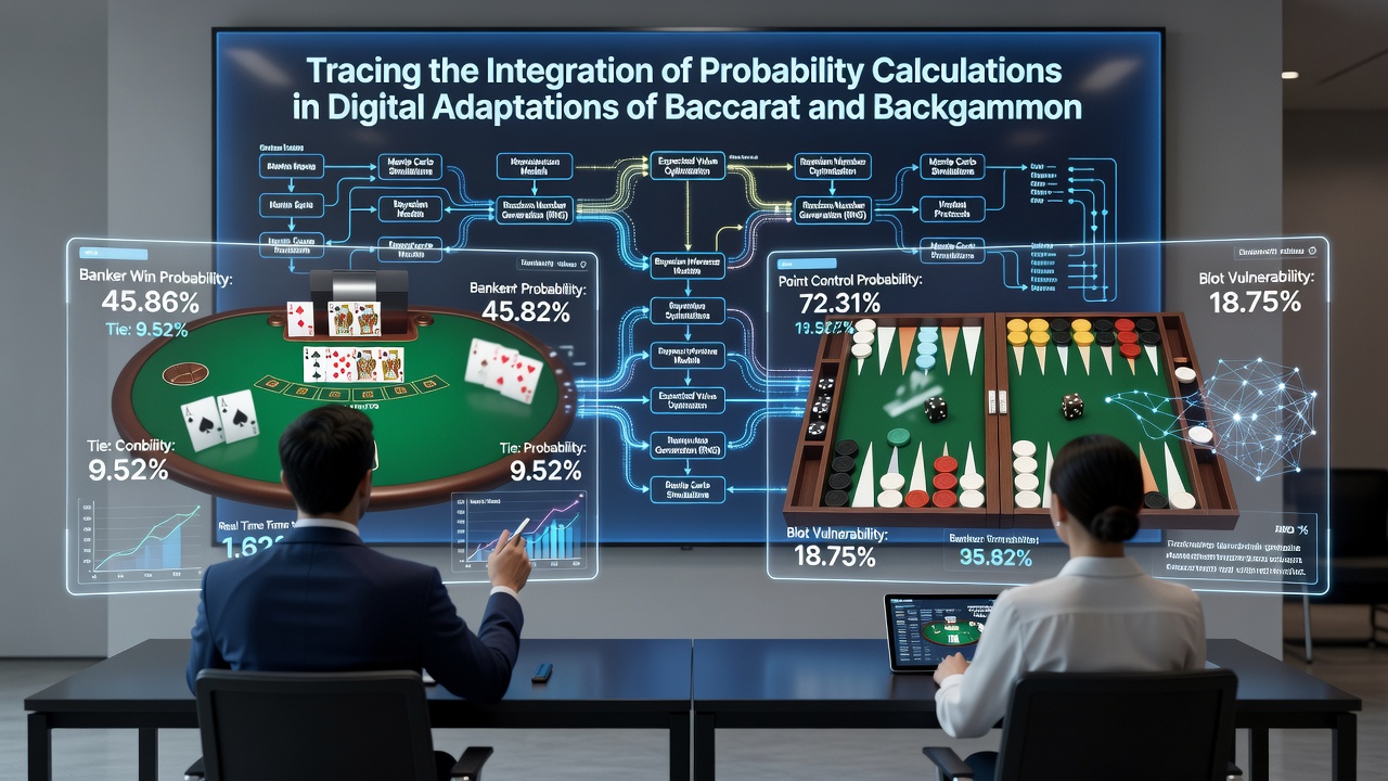Modern server rack diagram illustrating RNG modules feeding probability engines for baccarat card sequences and backgammon board evaluations