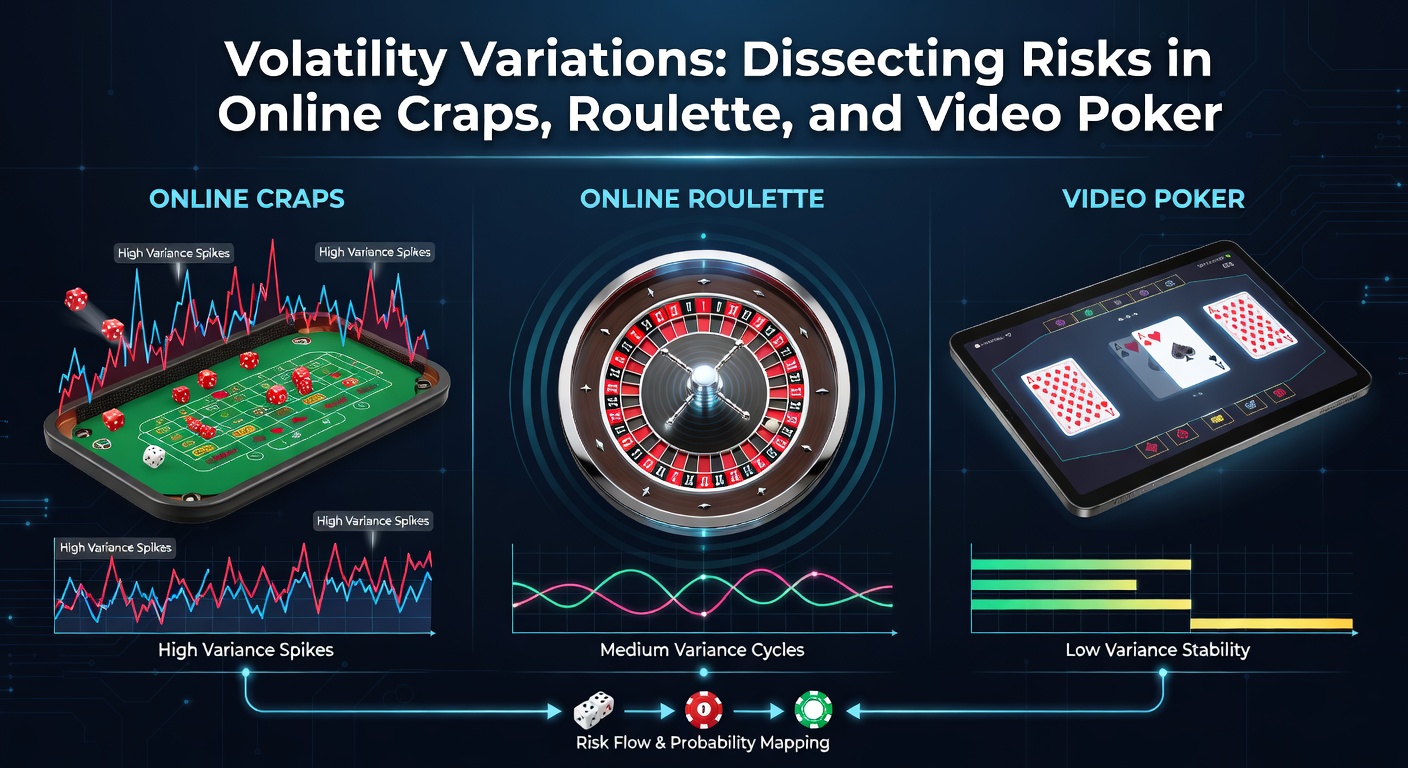 Colorful chart illustrating volatility curves for craps, roulette, and video poker, highlighting peak risk swings in each game